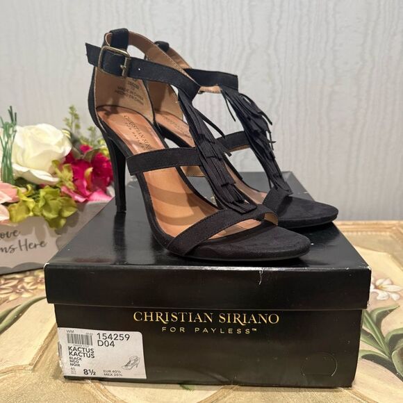 Christian Siriano Kactus Black Faux Suede Fringe Heels Sandals Strappy NIB 8.5 - Picture 10 of 13